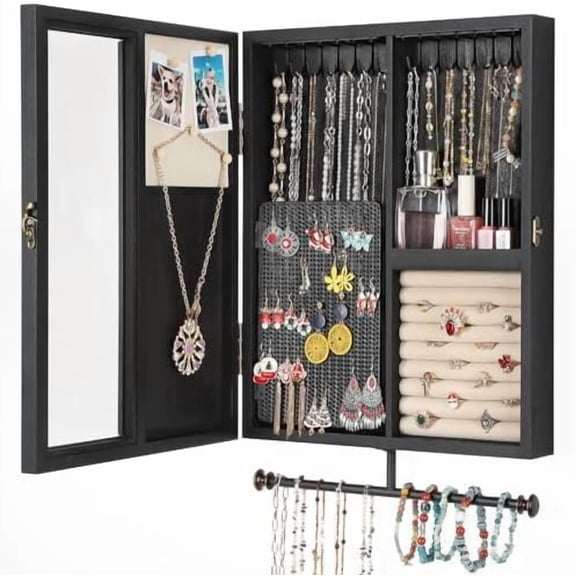 Wall Mounted Jewelry Organizer With Rustic Wood Large Space Jewelry Cabinet, Holder, Storage Box for Necklaces, Earrings, Bracelets, Ring Holder, and Accessories Black