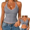 thumbnail image 2 of Sillenn Halter V Neck Tank Tops with Built-In Shelf Bra for Women Sleeveless Slim Fitted Basic Cami Shirts Cute Halter Tops Going Out Sleeveless Camisole Top Dressy Casual Bralette Tops Light Ashy M, 2 of 7