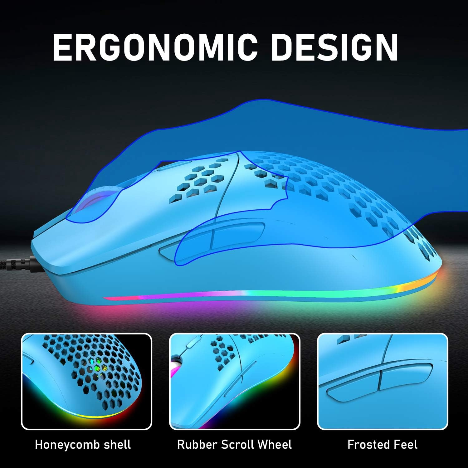 K61 UK Layout RGB 60% Gaming Keyboard Mouse Set Wired 62 Keys Mini Portable Keyboard 7 RGB LED Backlit 19 key Anti-ghosting + 6400 DPI Ultralight Gaming Mouse Honeycomb Shell +Mouse Pad -Blue