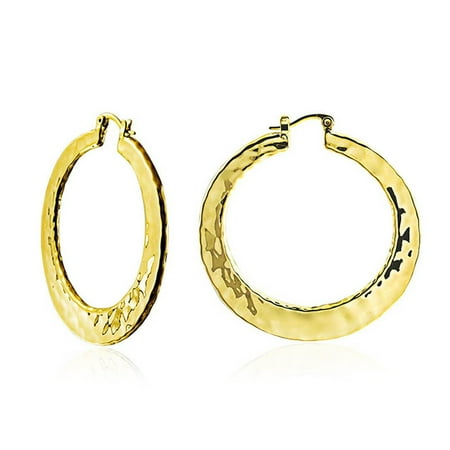 - Boho Style Textured Hammered Flat Large Hoop Earrings For Women For Teen Silver 14K Gold Plated Brass 2 Inch