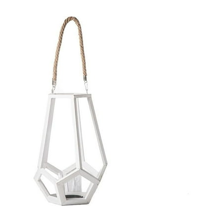 Urban Wood Round Lantern with Top Rope Handle, Candle Glass Holder and Tapered Bottom Painted Finish White