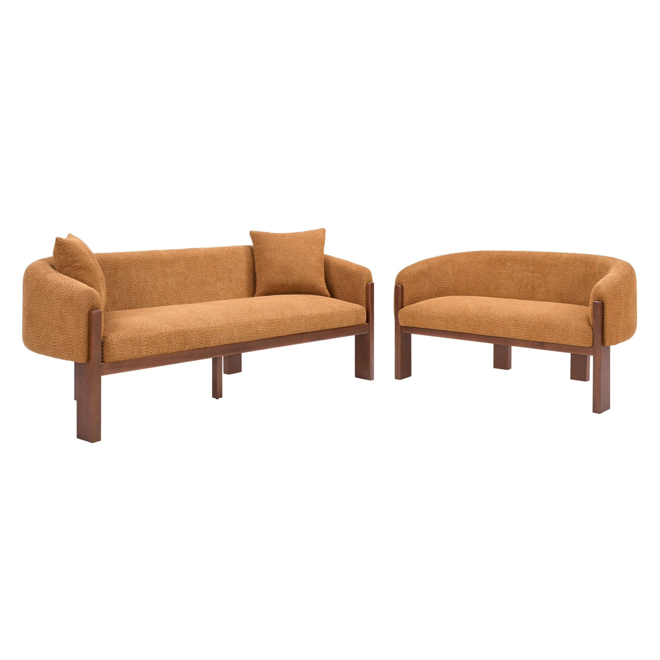 Christopher Knight Home 2-Piece Boucle Sofa and Loveseat Set with Pillows, 5 Seats, Wood Legs, Caramel