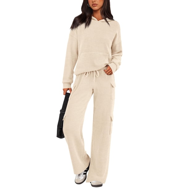 Conjunto de Ropa Casual para Mujer PRETTYGARDEN Sudadera con Capucha y Pantalones Cargo Beige XL