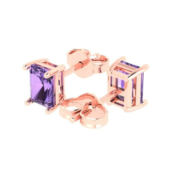 1.0 Ct Emerald Cut Studs Purple Alexandrite 14K Rose Solid Solid Gold Everyday Dainty Earrings Push Back