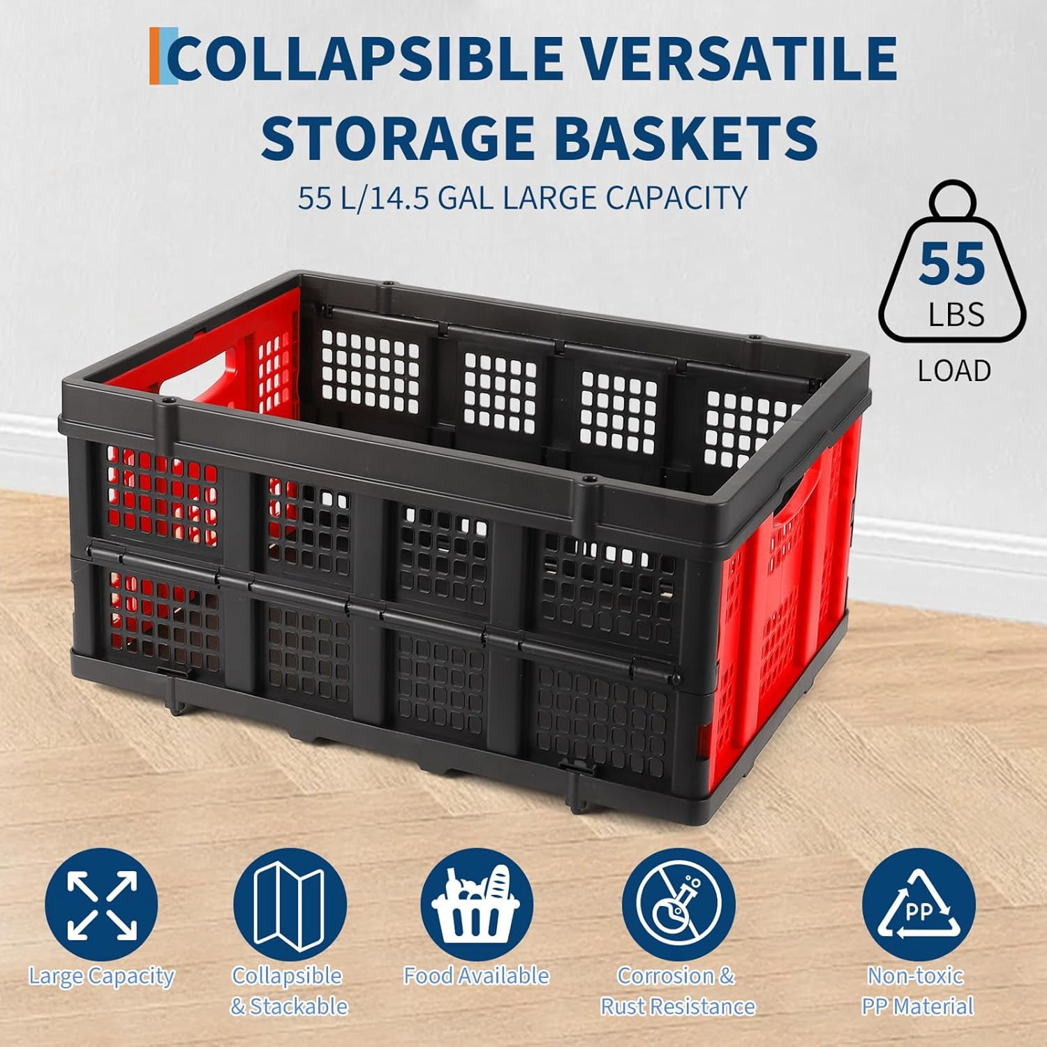 Acekid Collapsible Crate, 55L Foldable Plastic Milk Crate with Side Handles, Heavy Duty Stackable Containers Folding Storage Baskets for Food, Drinks, Books, Tools