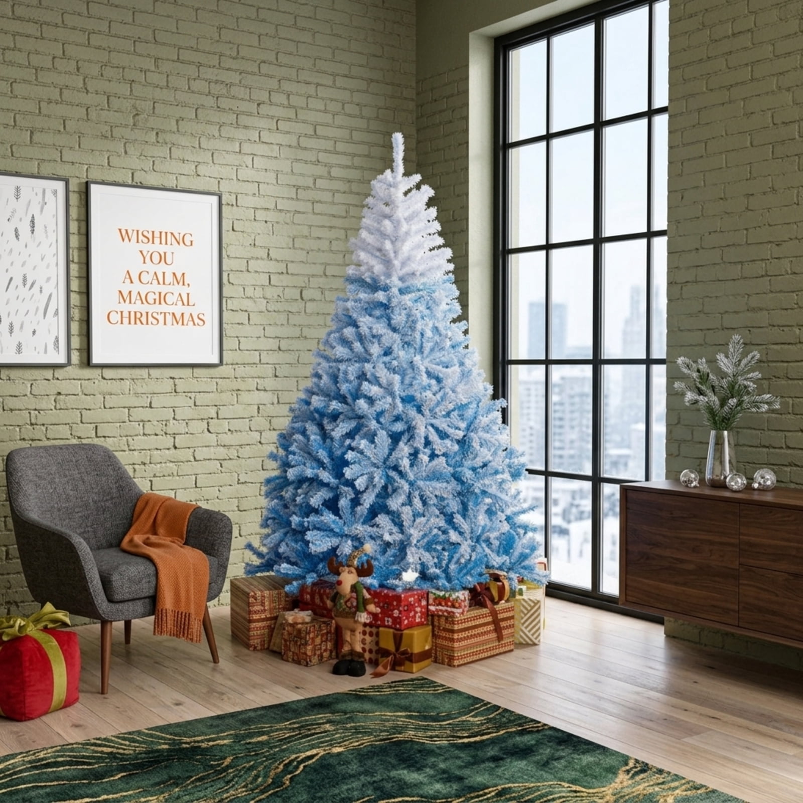 RUIE 7FT Snow Flocked Artificial Christmas Tree, White & Blue Gradient Hinged Xmas Tree with 1264 Branch Tips and Folding Metal Stand for Holiday