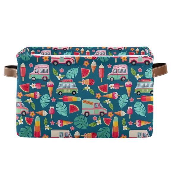 Yayeee Canvas Storage Basket with Handles for Shelves Fabric Bins Closet Organizer, Green Cartoon Truck Pattern