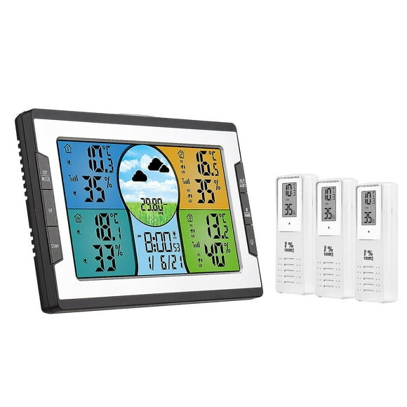 Digital Weather Station With 3 Remote Sensors 328ft/ 100m Indoor Outdoor Temperature Humidity Monitor Alarm Clock With Snooze Thermohygrometer With We