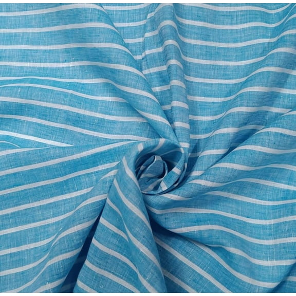 Superb Quality Linen Club Turquoise Blue with white horizontal stripe Fabric 58" wide
