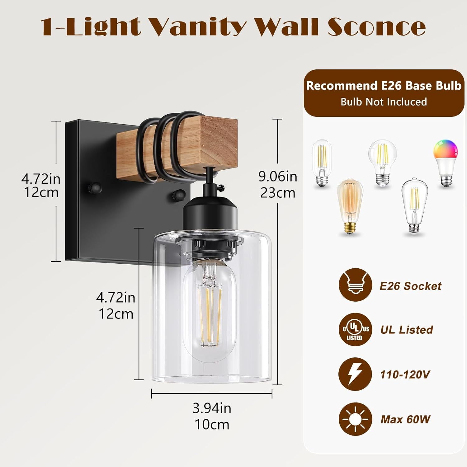 Set of 2 Wall Sconces Farmhouse Matte Black Bathroom Vanity Light with Clear Glass Shades Indoor Wall Mount Lighting Fixtures for Bedroom Living Room Mirror Kitchen