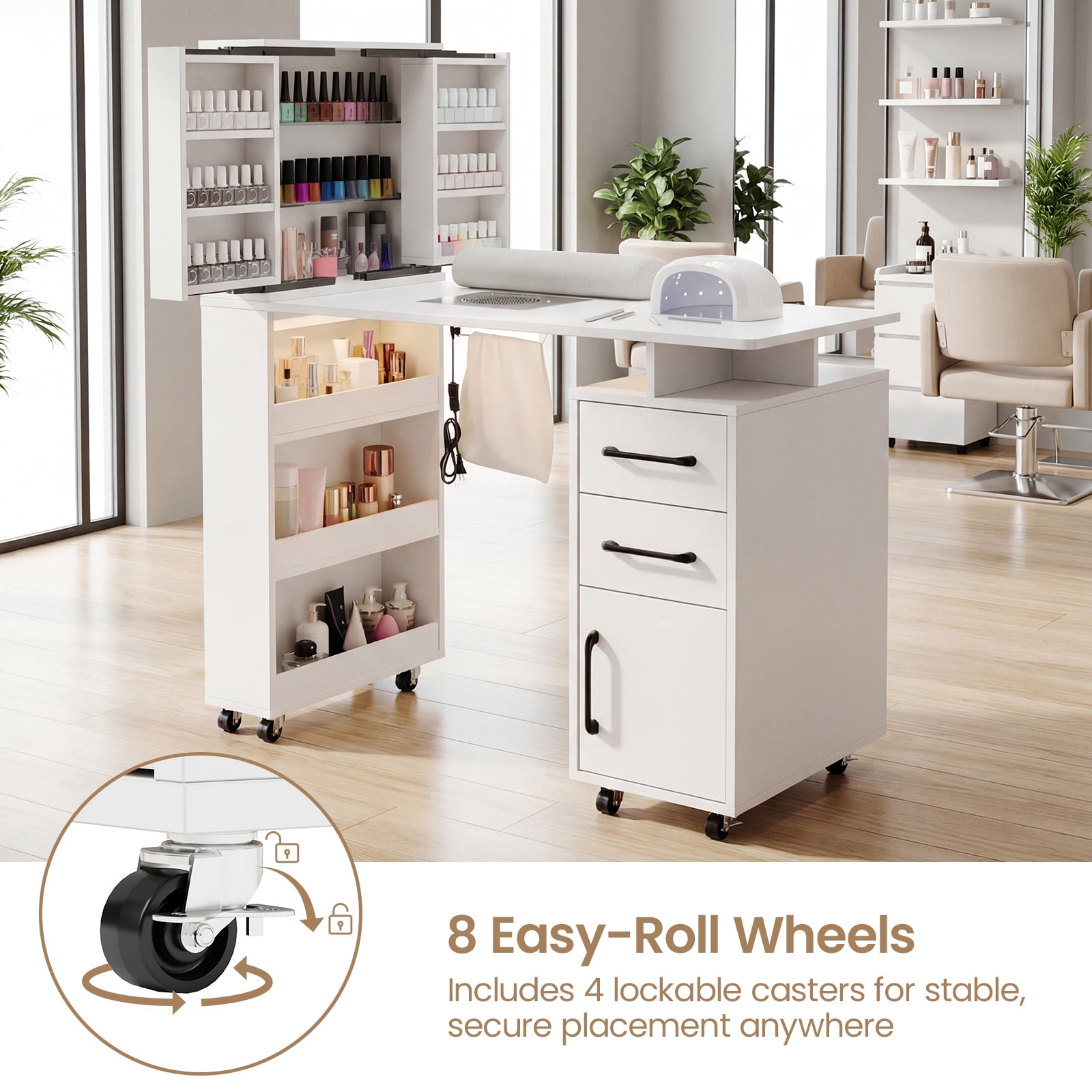 Advwin Professional Manicure Table with Extendable Nail Polish Cabinet, Dust Collector, LED Light & Wrist Rest, Rolling Nail Desk for Nail Tech, Beauty Nail Station for Home & Salon, White