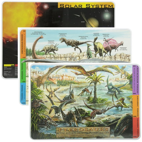Painless Learning Educational Placemats Sets Dinosaurs, Solar System and Pterosaurs Placemat Non Slip Washable