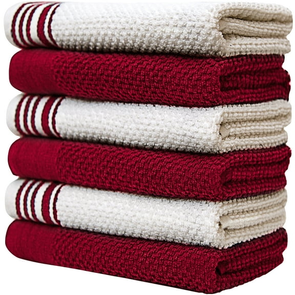 Premium Kitchen Towels (16”x 28”, 6 Pack) – Large Cotton Kitchen Hand Towels –Weft Insert Design– 380 GSM Highly Absorbent Tea Towels Set With Hanging Loop – Burgandy