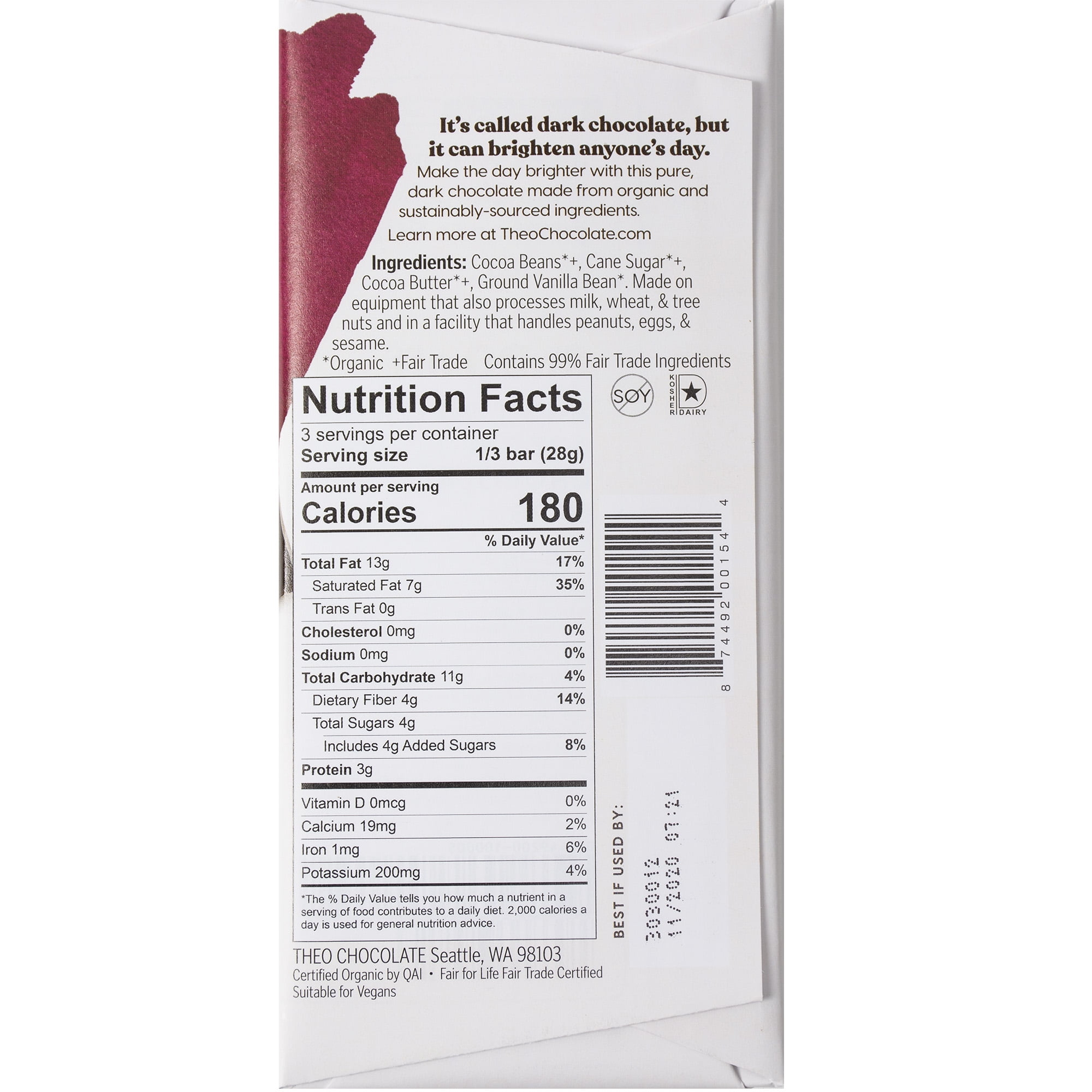 Theo Chocolate Pure 85% Dark Chocolate Bar | 12-Pack | Organic & Fair Trade