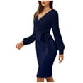 thumbnail image 2 of YHAJDS Women's Dresses Long Sleeve Dress Solid Color V Neck Knee Length Casual Dress Fall Dresses for Women Elegant Slim Comfortable Fabric Suitable for Fall Winter Daily or Semi Formal, 2 of 5