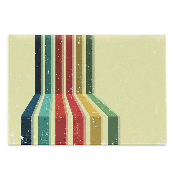 Vintage Rainbow Cutting Board, Vertical Colored Stripes with Grunge Effect on a Pale Yellow Background, Decorative Tempered Glass Cutting and Serving Board, Large Size, Multicolor, by Ambesonne