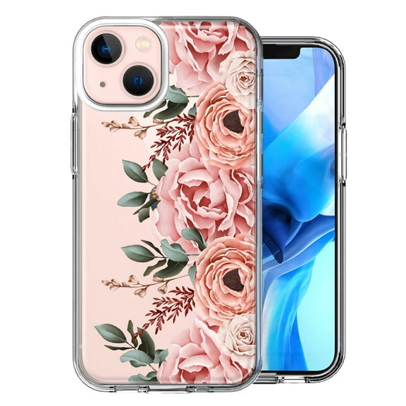 MUNDAZE Case for Apple iPhone 15 Hybrid Shockproof Slim Hard Soft TPU Shell Heavy Duty Protective Phone Cover - Blush Pink Peach Spring Flowers Peony Rose