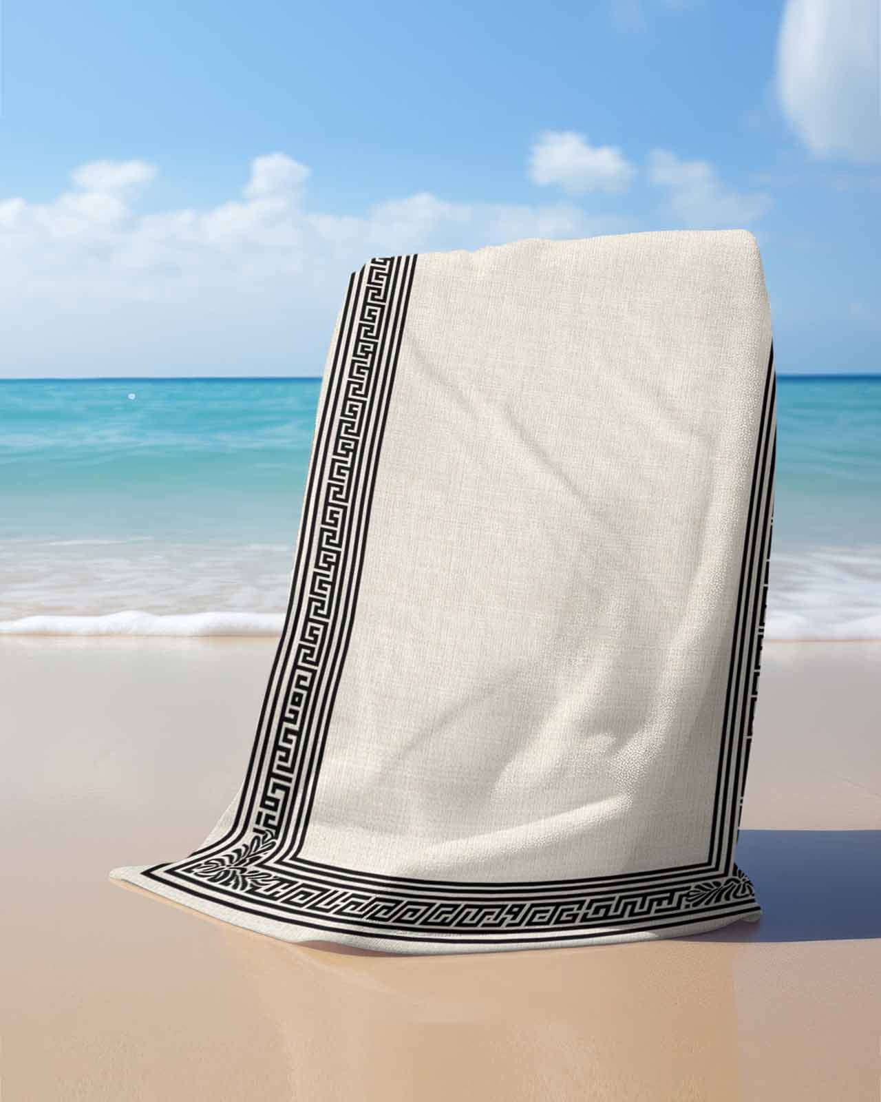 Black Cream Greek Key Beach Towels Oversized Super Absorbent, Geometric Greece Ancient Rustic Lightweight Bath Towel Quick Dry Sets For Bathroom/Pool/Rv Camping/Beach Play/Gym Room/Picnic 30"x60"