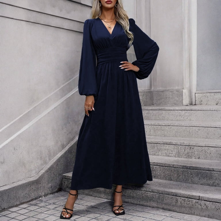 Tianiyouqing Long Sleeve Bridesmaid Dresses for Women Long Pleated Empire Waist Formal Evening Dresses with Slit Navy XL