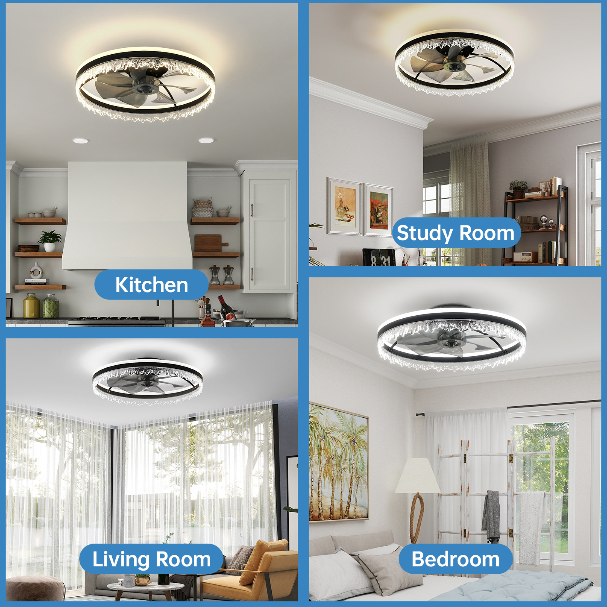 Leumius Modern LED Ceiling Fan with Light, 24In Dimmable Ceiling Light with Invisible Blades and Crystal Design, Remote Control & Adjustable Color Temperature for Bedroom, Living Room,Black