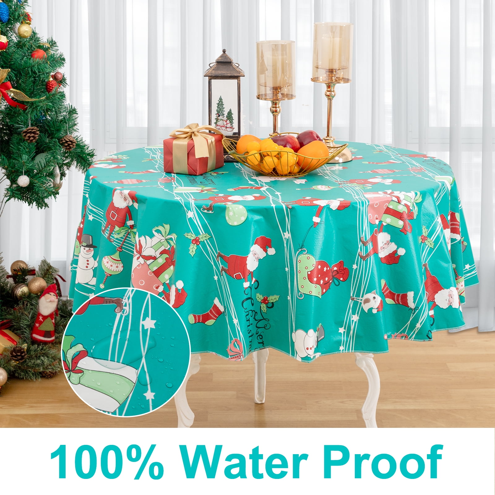 RAY STAR Round Christmas Tablecloth 60 inch Rectangle Xmas Tablecloth Waterproof Vinyl Tablecloth with Flannel Backing