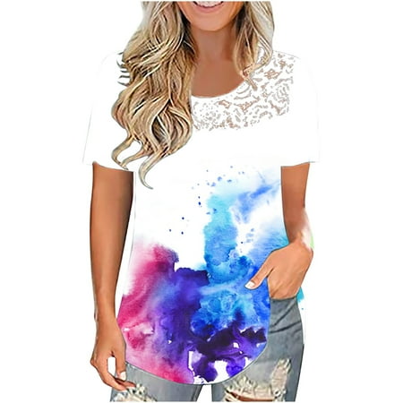 

YFPWM Summer Tops Tube Top Mini Top Mesh Top Lace Top Cute Tops Mesh Tops Corset Top Work Shirts Juniors Tops Dog Print Top O-Neck Print Lace Short Sleeve T-Shirt