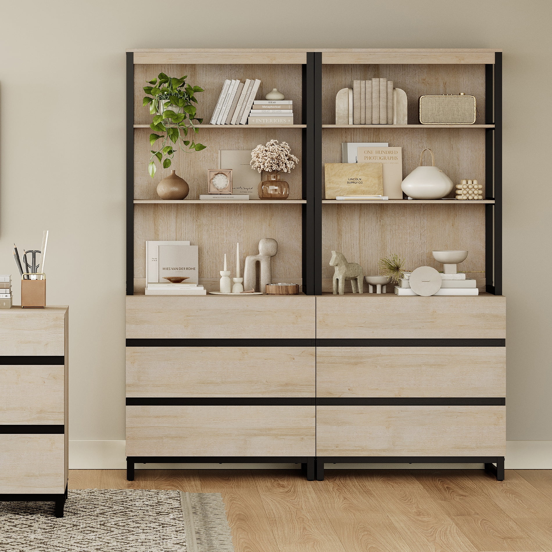 WAMPAT 2 PCS Modern 72" Tall Bookcase with 6 Drawers and Open Book Shelfs, Library Book Shelf with Storage Cabinet and Metal Base, Wood Freestanding Bookshelves for Home Office, Living Room, Beige