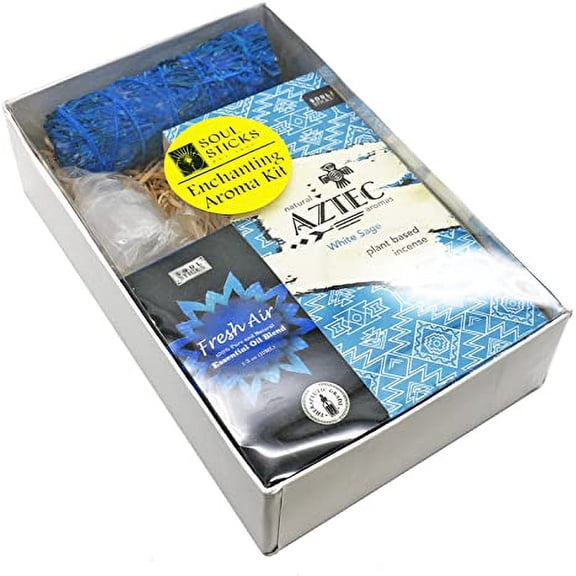 Soul Sticks Blue Enchanting Aroma Kit Gift Set Box | Color and Fragrance Themed Kit with Aztec Incense Sticks, Essential Oil Blend, Scented Sage and 2" Selenite Tower