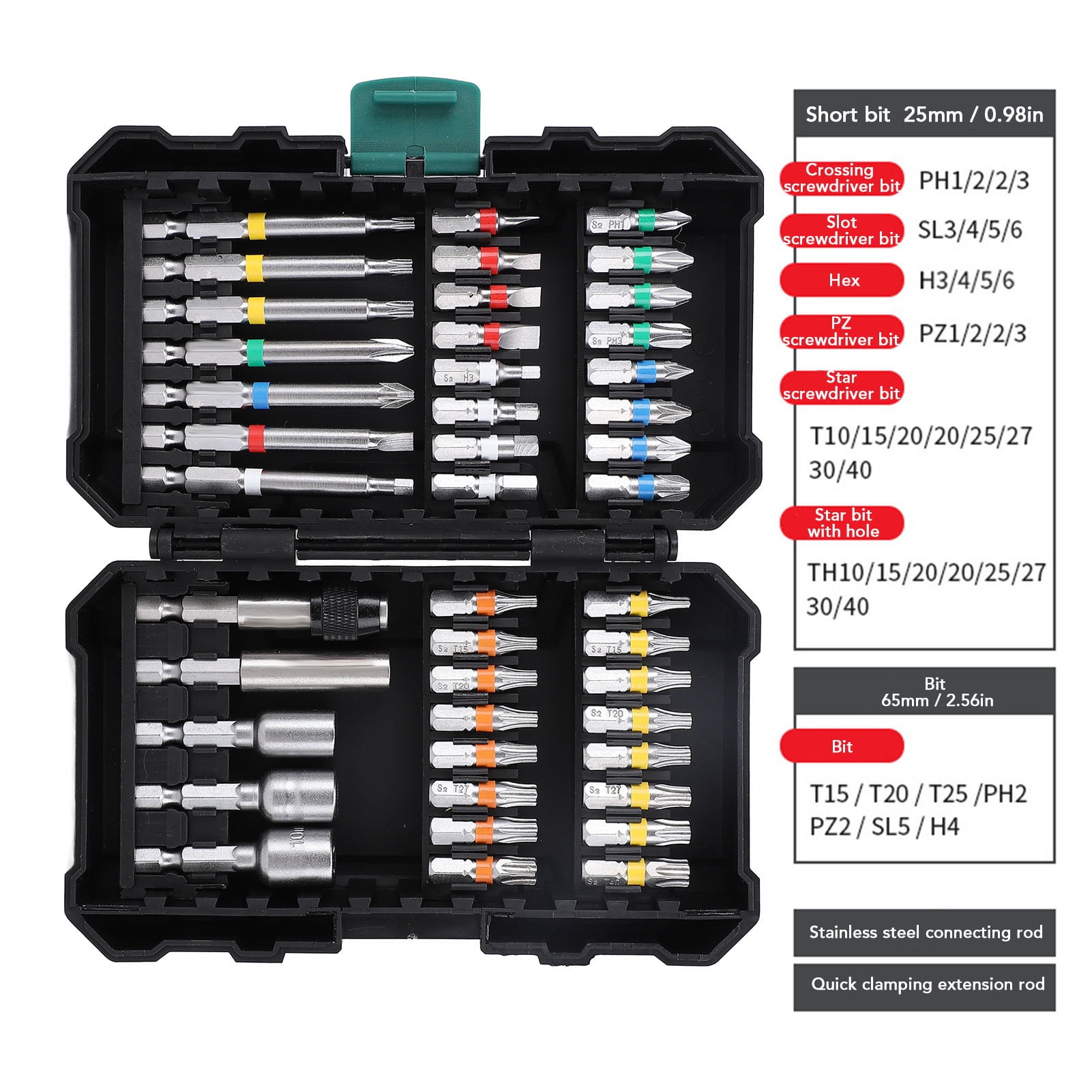 M Buder 44-Piece Magnetic Screwdriver Bit Set Alloy Steel Hex Star SL PZ 1/4 inch Impact Driver Bits with Flexible Shaft Angle Adapter Storage Box for Electric Drills (10.63 in / 27 cm)