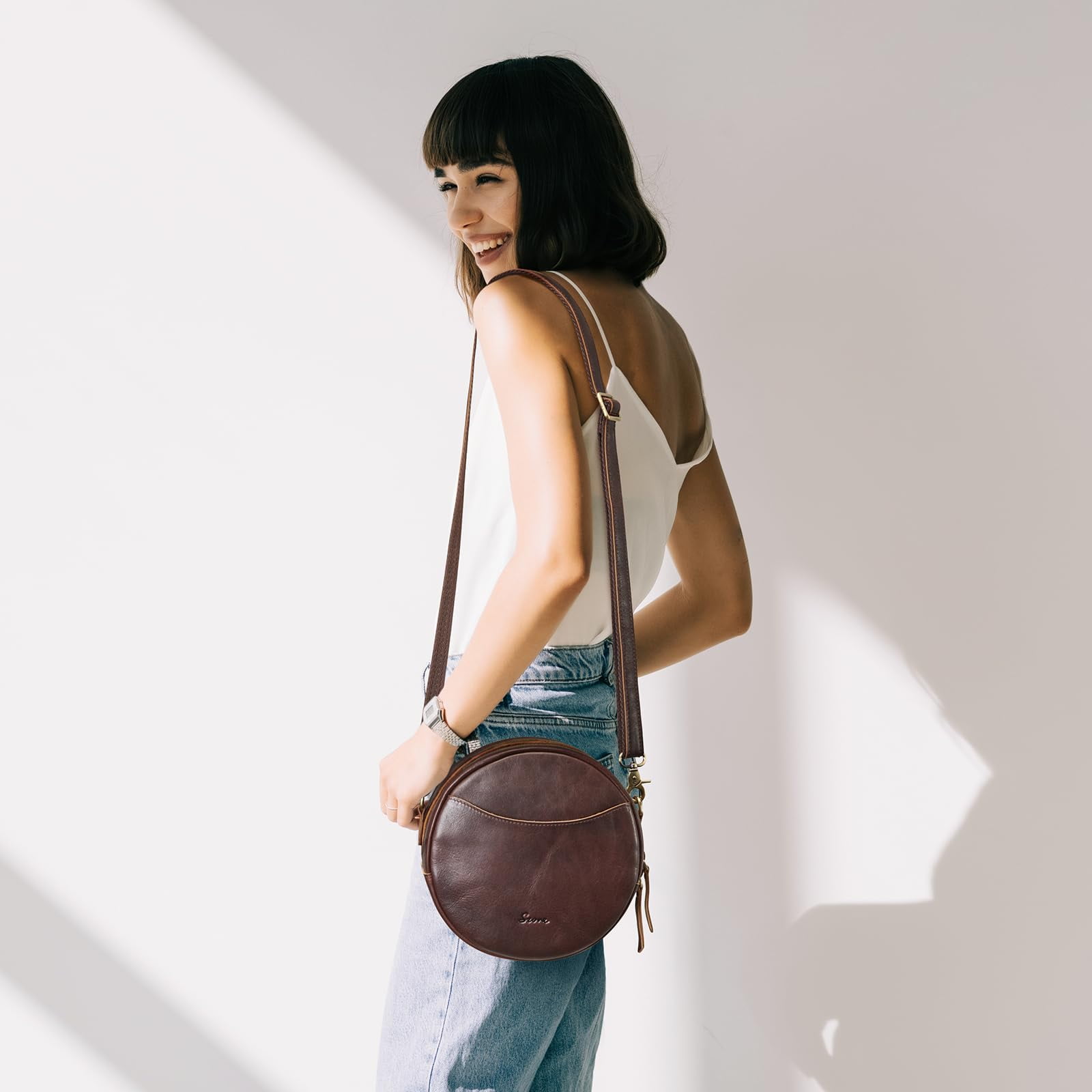 S-ZONE Leather Crossbody Bags for Women Trendy Circle Cross Body Shoulder Bag Designer Round Purses