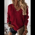 thumbnail image 4 of Suéter Holgado de Mujer, Cuello en V, Larga, Blusa Informal para Otoño e Invierno. Vino Tinto L, 4 of 10