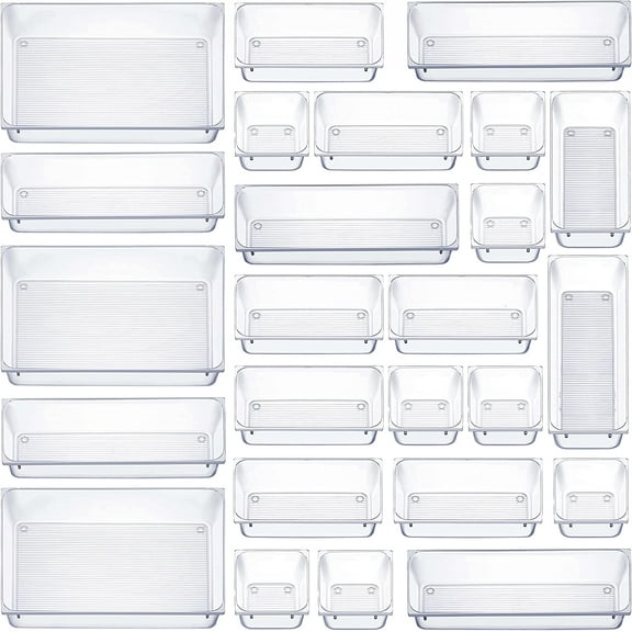 25 PCS Clear Plastic Drawer Organizers Set, 4-Size Versatile Bathroom and Vanity Drawer Organizer Trays, Storage Bins for Makeup, Bedroom, Kitchen Gadgets Utensils and Office Accessories