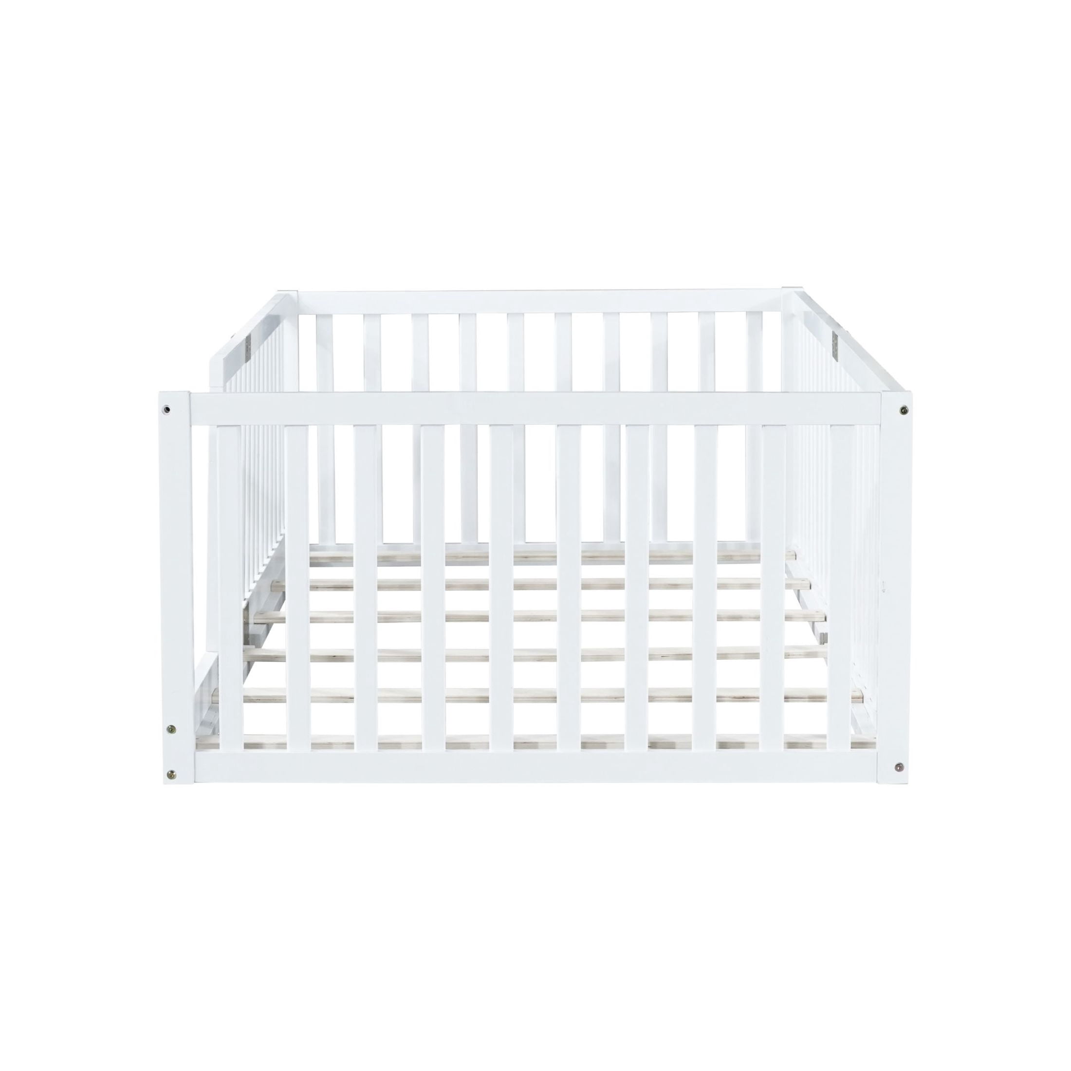 Noble House Alista Twin Size Rubber Wooden Floor Bed with High Safety Fence Guardrails, White