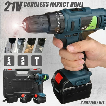 Cordless Impact Drill 21V Rechargeable Hammer Electric Screwdriver With 2 Li-Battery With LED Light Household