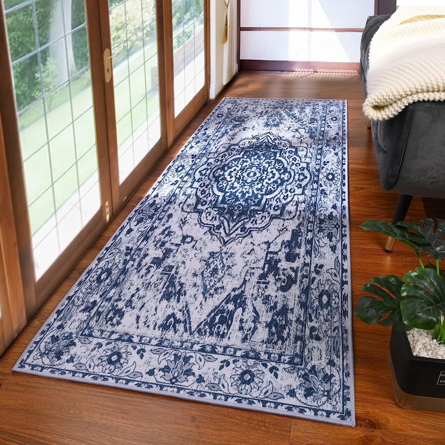 TWINNIS 2'x6 'Runner Rugs Anti Slip Backing Area Rugs for Living Room,Washable Rugs Boho Vintage Tribal Runner Rugs,Blue,2'x6'