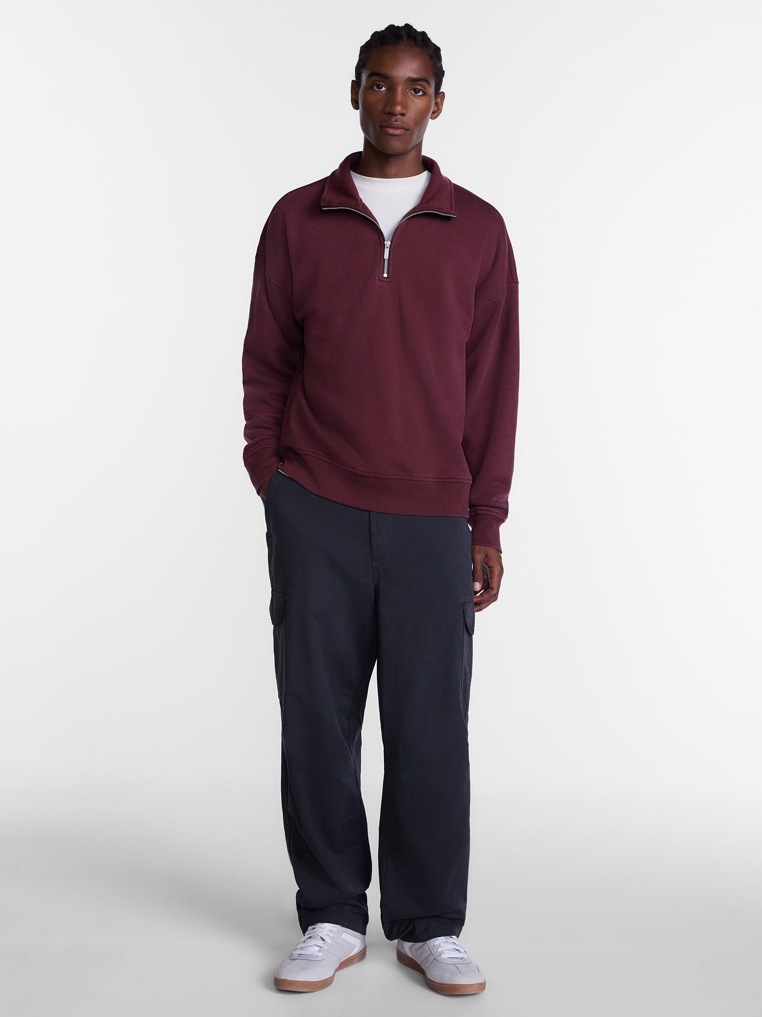 No Boundaries Boxy Fit Quarter Zip Fleece Sweatshirt with Long Sleeves, Men's XS-4XLT