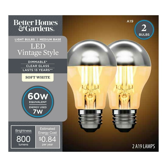 Better Homes & Gardens A19 Silver Dipped Vintage LED Soft White Light Bulb, 40 watts, Dimmable, E26, 2 Pk