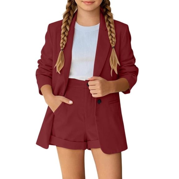 Wxolcjlv Girls Formal Outfits Solid Color Button Lapel Blazer Baggy Shorts Sets, Sizes 3-14