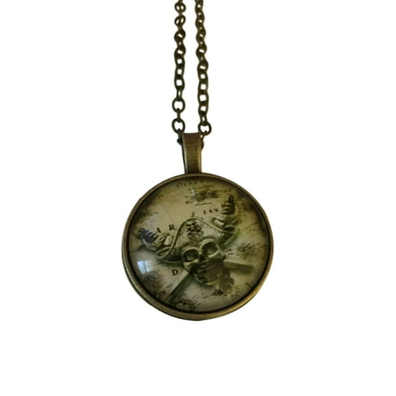 Skull Pirate With Crossed Swords Dome Pendant Necklace Novelty Gift Jewelry