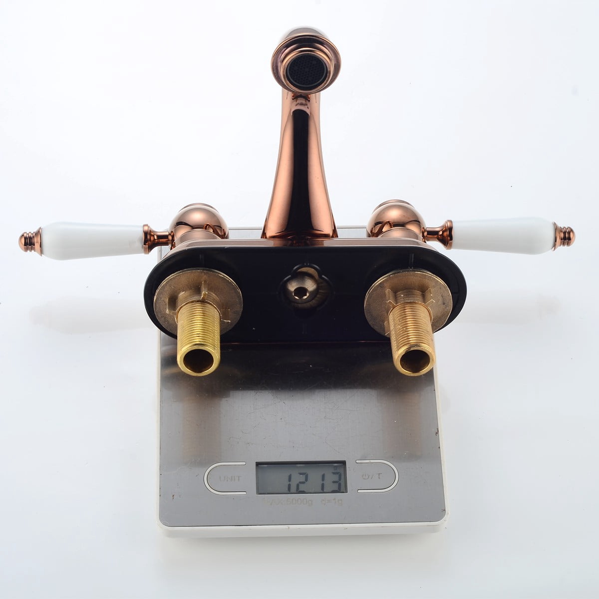 Renovators Supply Bathroom Faucets 4" Rose Gold Centerset Bathroom Sink Faucet w/White Double Handle and Supply Lines
