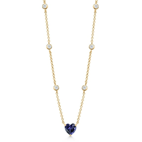 Gem Stone King 18K Yellow Gold Plated Silver Blue Iolite and White Moissanite Long By The Yard Chain Necklace for Women (1.14 Cttw, Heart Shape 7MM, 17 inch with 2 inch Extender)