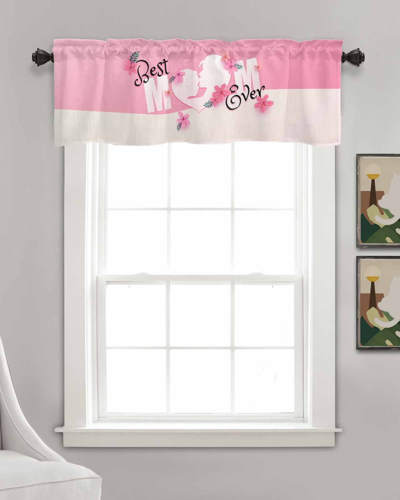 Mothers Day Linen Curtain Valance for Bedroom/Bathroom/Kitchen/Office/Living/Dining Room Windows,Best Mother Mom Pink Flowers Rod Pocket Topper Drapes Decorative Cafe Drapery Panel 60x18