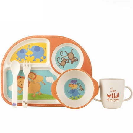 Bamboo Dinnerware Set For Kids 5Pcs Divided Plate Bowl Cup Spoon Fork Baby Tableware Toddler Plate Bamboo Dishes Non-Toxic & Eco-Friendly Lion