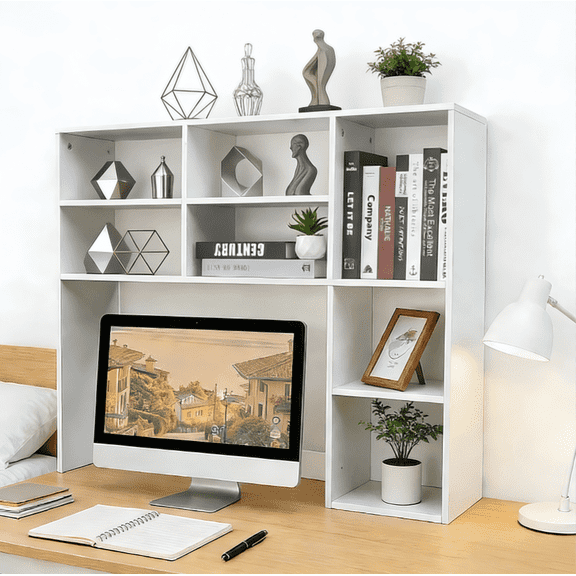 【HOSTK】White 37" 3-Tier Wood Desktop Hutch with 7-Cube Storage Organizer for Home Office & Dorm