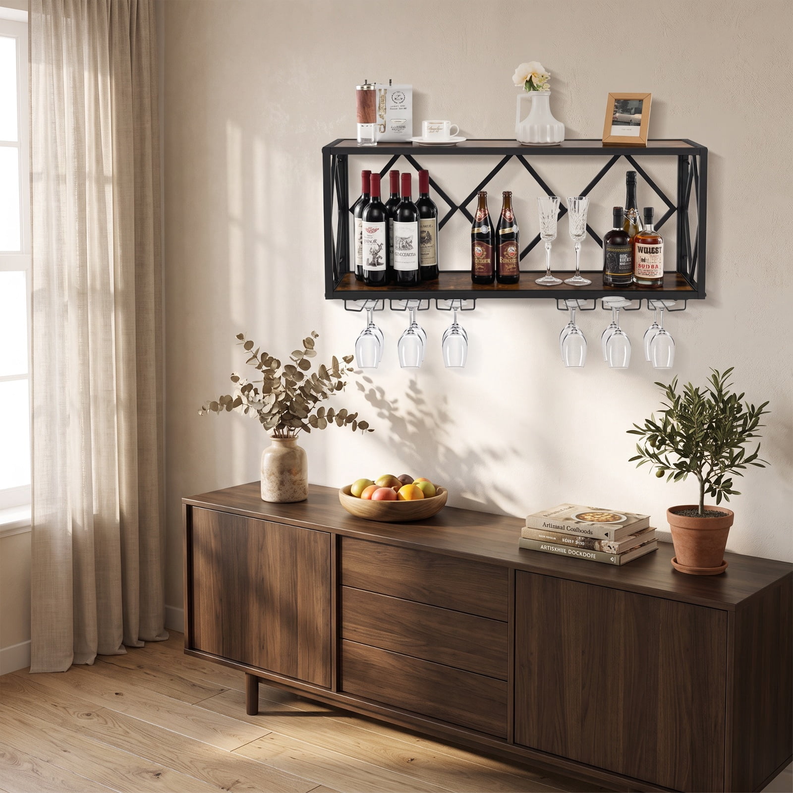 RUIE Wall Mounted Wine Rack for 39 Bottles and 12 Glasses, Metal Wood Hanging Wine Bottle Holder with Stemware Rack for Kitchen - Rustic Brown Black