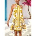 thumbnail image 5 of Yellow Womens Halter Neck Allover Baroque Print A-Line Mini Sundress For Summer Beach Vacation & Casual Outing, 5 of 7