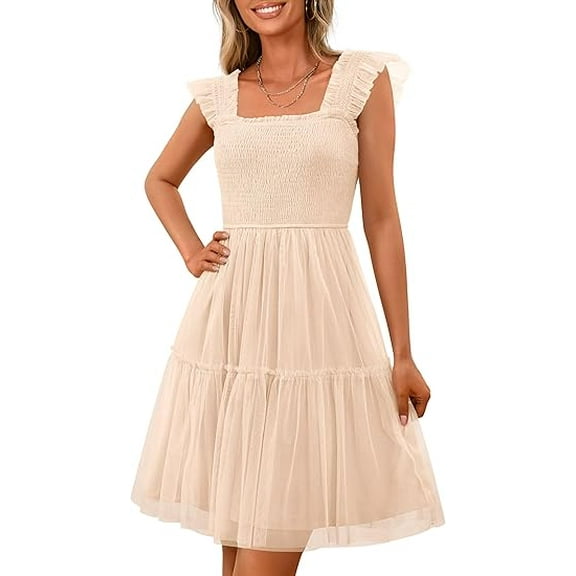PRETTYGARDEN Womens Trendy Mini Summer Dresses Sleeveless Tulle Ruffle Square Neck Tiered Smocked Beach Vacation Dress