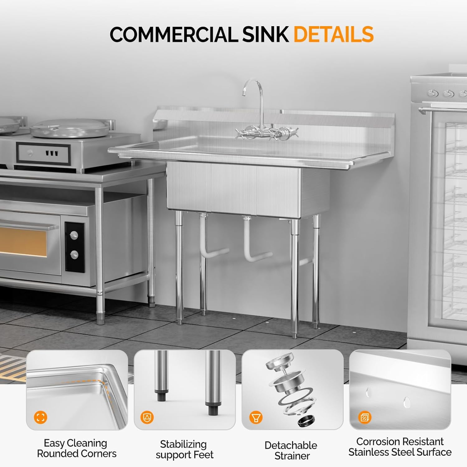 ROVSUN Commercial Sink, Stainless Steel Sink with 3 Compartment and 2 Sides Drain Rack, 20" x 54" x 43.5" Freestanding Utility Sink, Great for Restaurant Kitchen Laundry Room Garage Sunroom