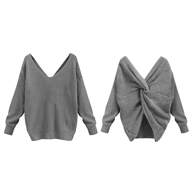 Women's Two Piece V Neck Knotted Over Open Back Knit Sweater Topdacron