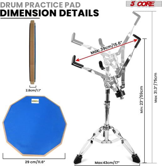 Drum Throne Adjustable Guitar Stool Padded Seat + Drum Practice Pad Snare Drumming Stand - DS CH ORG + DPAD COMBO Blue